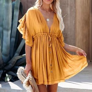 Marigold Yellow Boho Gauze Solid Button Up Bohemian Coverup Mini Casual Dress